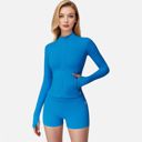 Blue Medium Women's Long Sleeve Fitted Zip-Up Jacket with High Collar and Thumbhole Cuffs