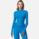 Blue Medium Women's Long Sleeve Fitted Zip-Up Jacket with High Collar and Thumbhole Cuffs