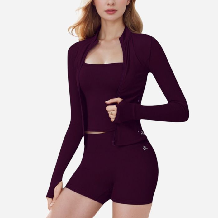 Women's Long Sleeve Fitted Zip-Up Jacket with High Collar and Thumbhole Cuffs