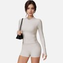 White Large Women's Long Sleeve Fitted Zip-Up Jacket with High Collar and Thumbhole Cuffs