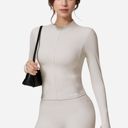 White Medium Women's Long Sleeve Fitted Zip-Up Jacket with High Collar and Thumbhole Cuffs