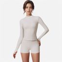 White Small Women's Long Sleeve Fitted Zip-Up Jacket with High Collar and Thumbhole Cuffs