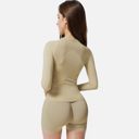 Beige Medium Women's Long Sleeve Fitted Crew Neck Top with Thumbhole Cuffs and Seam Detailing