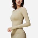 Beige Small Women's Long Sleeve Fitted Crew Neck Top with Thumbhole Cuffs and Seam Detailing