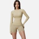 Beige Small Women's Long Sleeve Fitted Crew Neck Top with Thumbhole Cuffs and Seam Detailing
