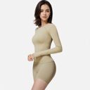 Beige Small Women's Long Sleeve Fitted Crew Neck Top with Thumbhole Cuffs and Seam Detailing