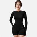 Black Large Women's Long Sleeve Fitted Crew Neck Top with Thumbhole Cuffs and Seam Detailing