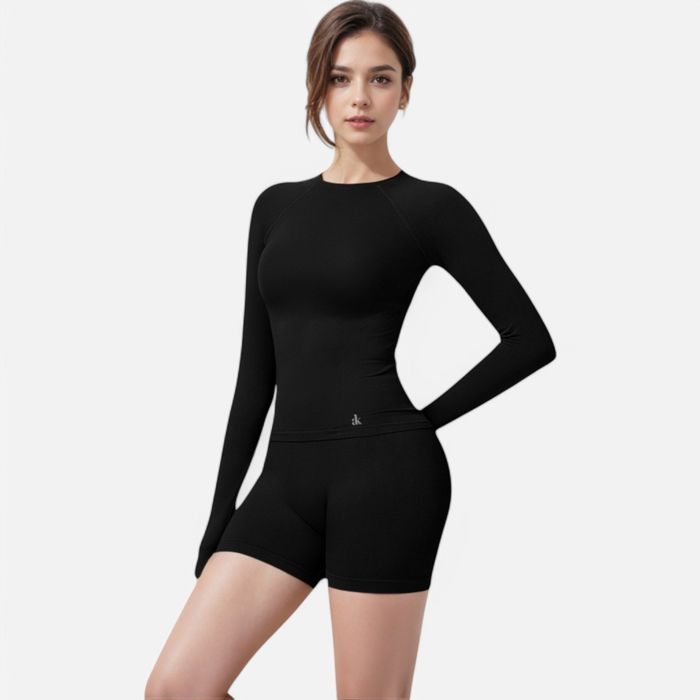 Women's Long Sleeve Fitted Crew Neck Top with Thumbhole Cuffs and Seam Detailing