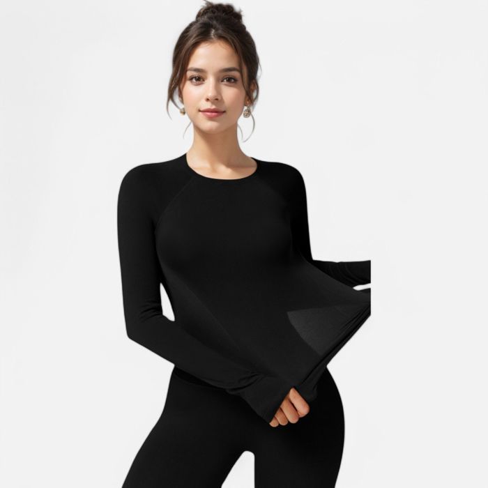 Women's Long Sleeve Fitted Crew Neck Top with Thumbhole Cuffs and Seam Detailing