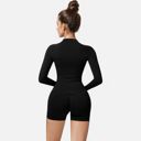 Black Large Women's Long Sleeve Fitted Crew Neck Top with Thumbhole Cuffs and Seam Detailing