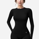 Black Medium Women's Long Sleeve Fitted Crew Neck Top with Thumbhole Cuffs and Seam Detailing