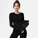 Black Medium Women's Long Sleeve Fitted Crew Neck Top with Thumbhole Cuffs and Seam Detailing