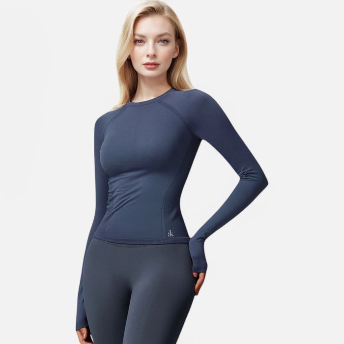 Women's Long Sleeve Fitted Crew Neck Top with Thumbhole Cuffs and Seam Detailing