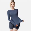 Blue Medium Women's Long Sleeve Fitted Crew Neck Top with Thumbhole Cuffs and Seam Detailing