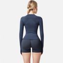 Blue Medium Women's Long Sleeve Fitted Crew Neck Top with Thumbhole Cuffs and Seam Detailing