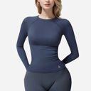 Blue Small Women's Long Sleeve Fitted Crew Neck Top with Thumbhole Cuffs and Seam Detailing