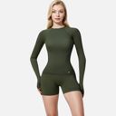 Green Medium Women's Long Sleeve Fitted Crew Neck Top with Thumbhole Cuffs and Seam Detailing
