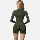 Green Medium Women's Long Sleeve Fitted Crew Neck Top with Thumbhole Cuffs and Seam Detailing
