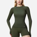 Green Small Women's Long Sleeve Fitted Crew Neck Top with Thumbhole Cuffs and Seam Detailing
