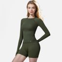 Green Small Women's Long Sleeve Fitted Crew Neck Top with Thumbhole Cuffs and Seam Detailing
