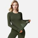 Green Small Women's Long Sleeve Fitted Crew Neck Top with Thumbhole Cuffs and Seam Detailing