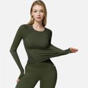 Green Small Women's Long Sleeve Fitted Crew Neck Top with Thumbhole Cuffs and Seam Detailing