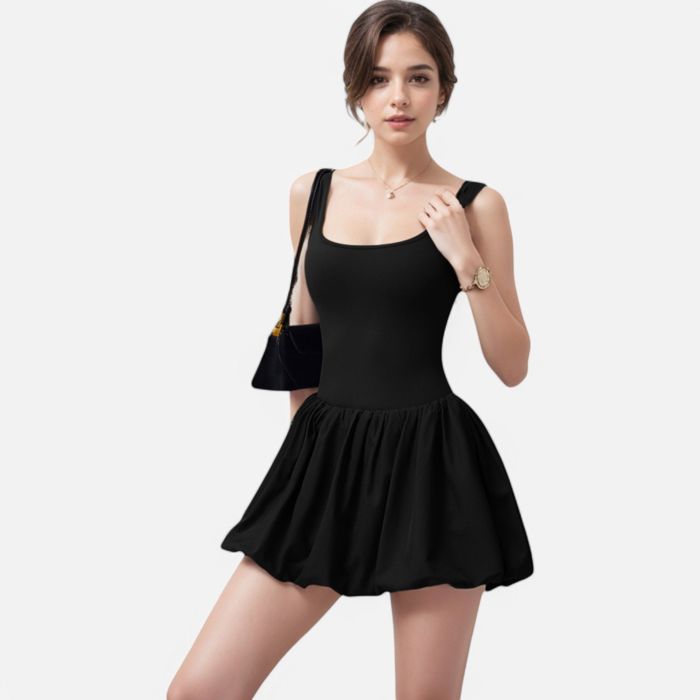 Women's Sleeveless Fitted Bodysuit Dress with Bubble Hem Skirt and Scoop Neck