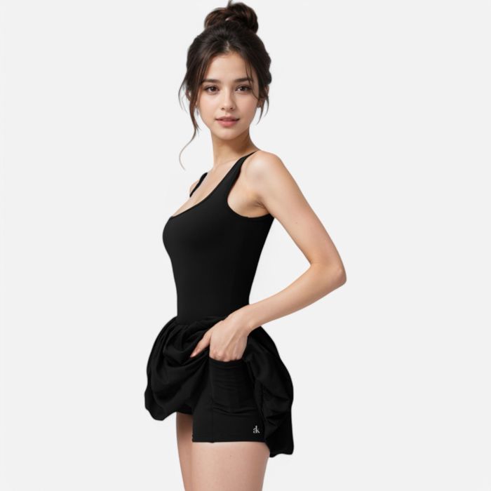 Women's Sleeveless Fitted Bodysuit Dress with Bubble Hem Skirt and Scoop Neck