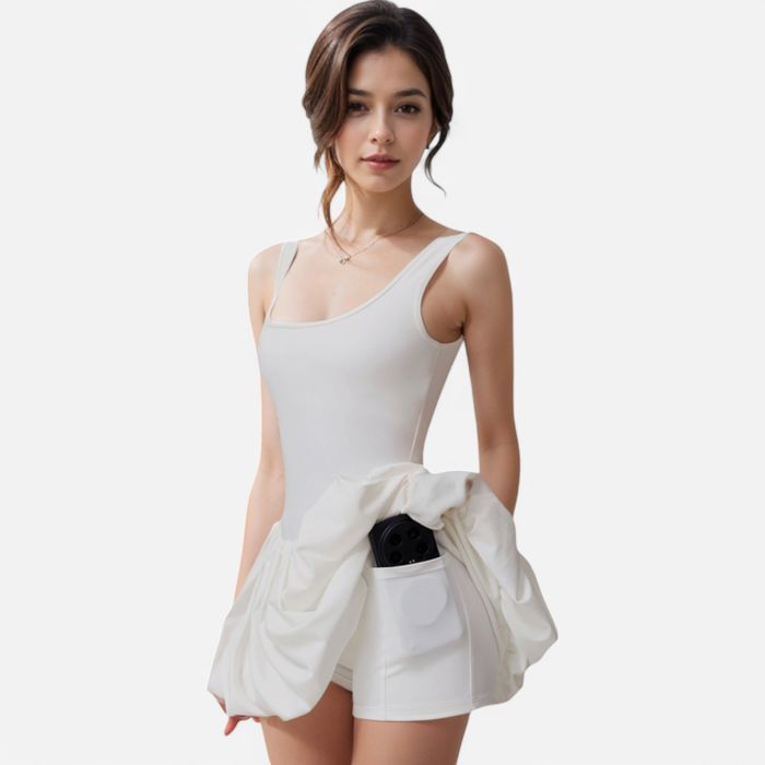 Women's Sleeveless Fitted Bodysuit Dress with Bubble Hem Skirt and Scoop Neck