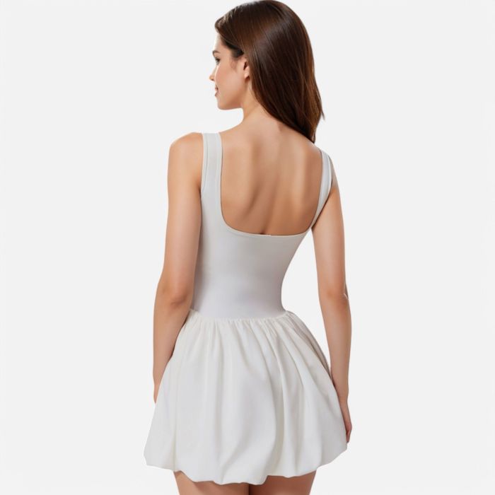 Women's Sleeveless Fitted Bodysuit Dress with Bubble Hem Skirt and Scoop Neck
