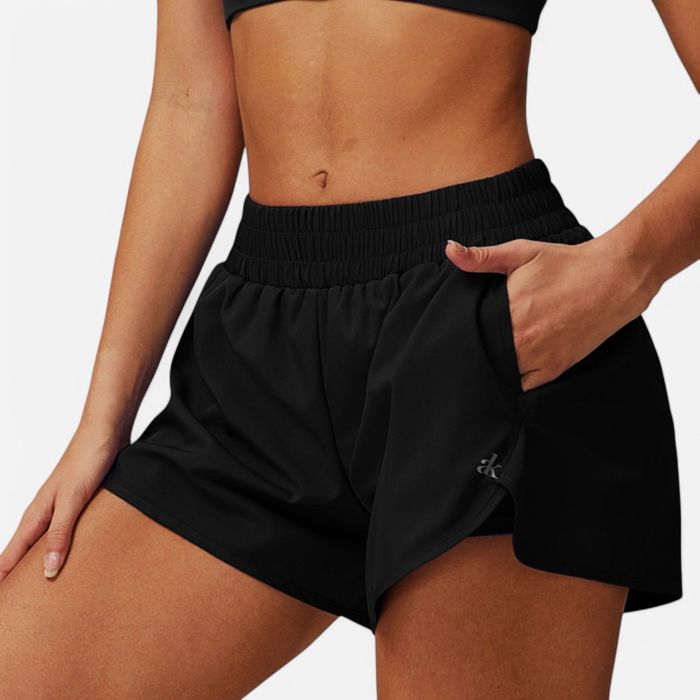Women's High Waist Double Layered Running Shorts with Elastic Waistband and Curved Hem