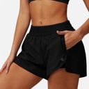 Black Medium Women's High Waist Double Layered Running Shorts with Elastic Waistband and Curved Hem