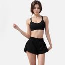 Black Medium Women's High Waist Double Layered Running Shorts with Elastic Waistband and Curved Hem