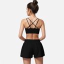 Black Medium Women's High Waist Double Layered Running Shorts with Elastic Waistband and Curved Hem