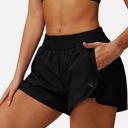 Black XL Women's High Waist Double Layered Running Shorts with Elastic Waistband and Curved Hem