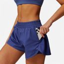 Blue Large Women's High Waist Double Layered Running Shorts with Elastic Waistband and Curved Hem