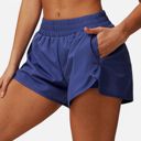 Blue Small Women's High Waist Double Layered Running Shorts with Elastic Waistband and Curved Hem