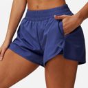 Blue XL Women's High Waist Double Layered Running Shorts with Elastic Waistband and Curved Hem