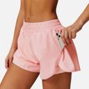 Pink Large Women's High Waist Double Layered Running Shorts with Elastic Waistband and Curved Hem
