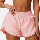 Pink Medium Women's High Waist Double Layered Running Shorts with Elastic Waistband and Curved Hem