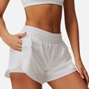 White Medium Women's High Waist Double Layered Running Shorts with Elastic Waistband and Curved Hem