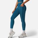 Green Medium Women's High Waist Seam Detail Leggings with Contoured Fit and Stretch Fabric