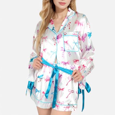 Women's Holiday Bow Print Pajama Set with Ribbon Tie Details and Button-Up Top