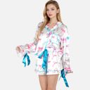 Blue Medium Women's Holiday Bow Print Pajama Set with Ribbon Tie Details and Button-Up Top