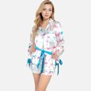 Blue Medium Women's Holiday Bow Print Pajama Set with Ribbon Tie Details and Button-Up Top