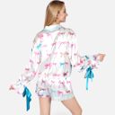 Blue Medium Women's Holiday Bow Print Pajama Set with Ribbon Tie Details and Button-Up Top