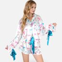 Blue Medium Women's Holiday Bow Print Pajama Set with Ribbon Tie Details and Button-Up Top