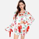 Green Large Women's Holiday Bow Print Pajama Set with Ribbon Tie Details and Button-Up Top