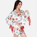 Green Large Women's Holiday Bow Print Pajama Set with Ribbon Tie Details and Button-Up Top