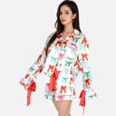 Green Large Women's Holiday Bow Print Pajama Set with Ribbon Tie Details and Button-Up Top
